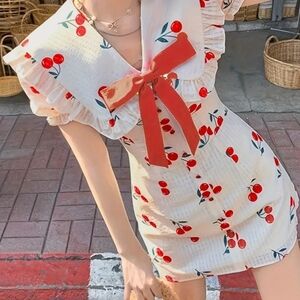 Red and White Sheath Midi Dress with Sailor Collar